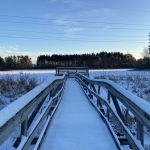 Snow covers the boardwalk on the Kip Trail.