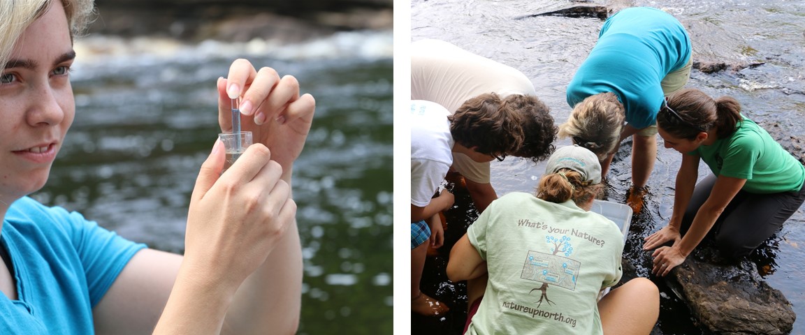 Left: A water sampling volunteer holds a glass vial to demonstrate dissolved oxygen sampling; right: a group of community volunteers gather around a plastic collection bin at Hart's Falls outside Canton to examine their macroinvertebrate collection.