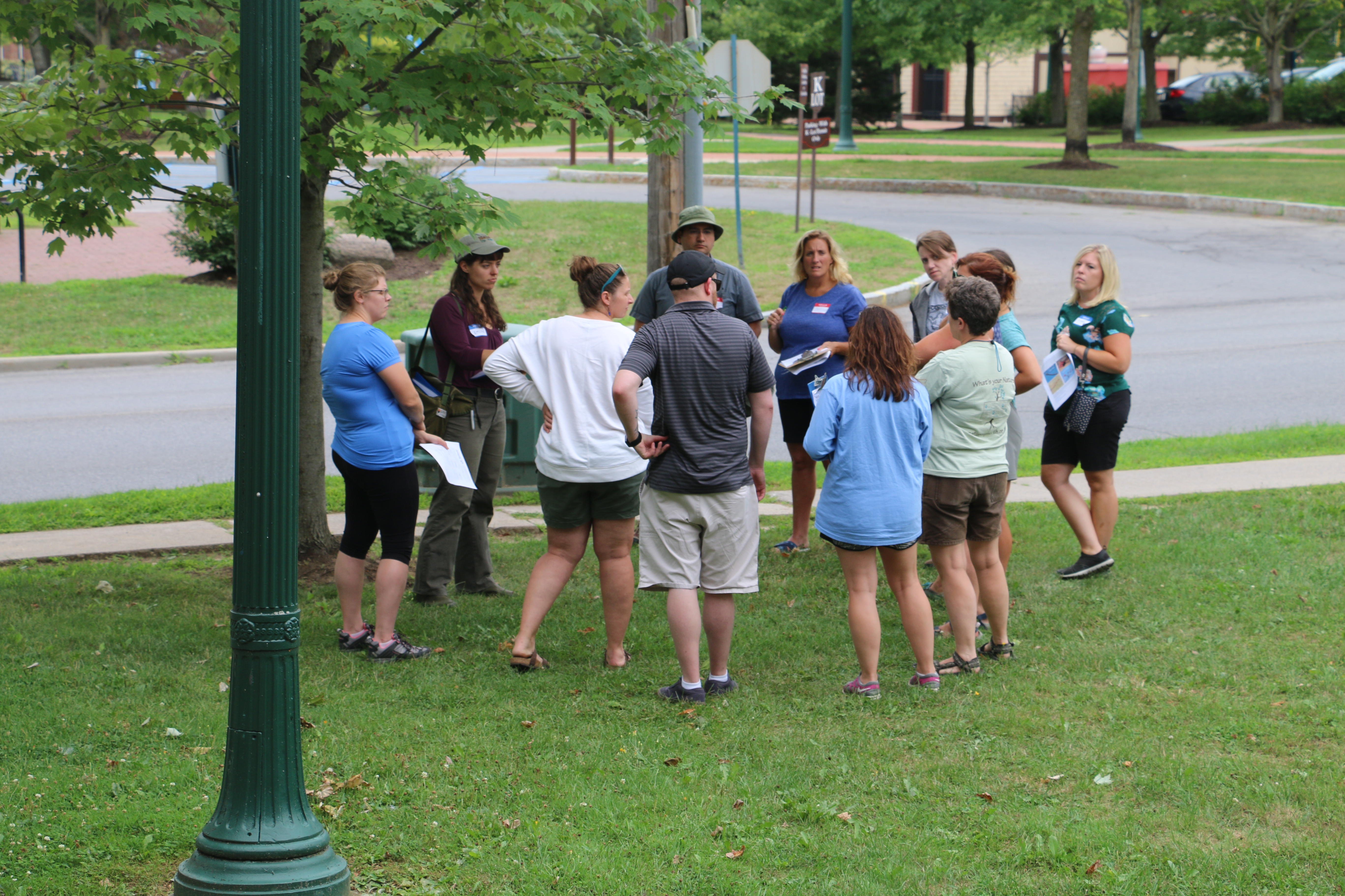 Teachers gather outside in a circle to study trees with Nature Up North staff.