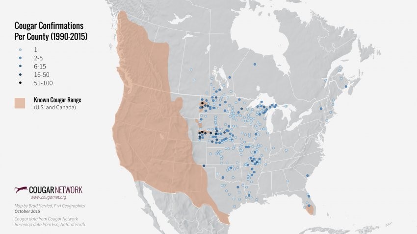 Cougar sightings per county from 1990-2015 (Cougar Network)