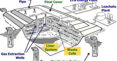 A diagram of a landfill designed for the collection of methane gas.