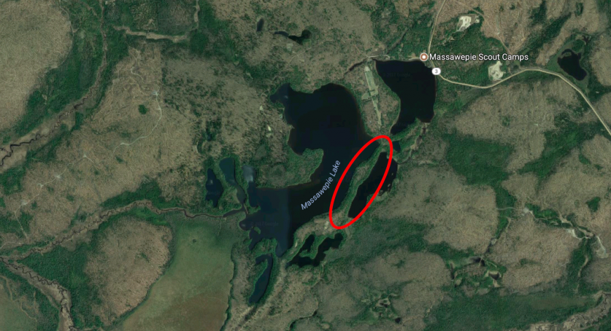 Satellite image of Lake Massawepie showing the esker deposit. Map data: Google