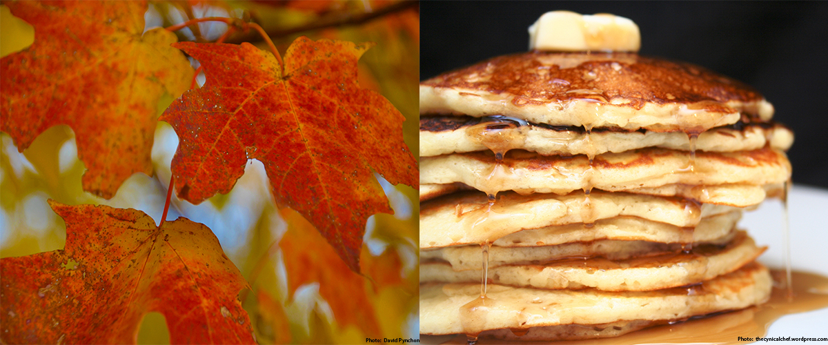 Composite image of Maple leaves and maple syrup on pancakes.