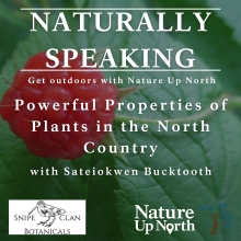 Image of a raspberry with the words "Naturally speaking get outside with nature up north, powerful properties of plants in the north country with sateiokwen bucktooth." With the Snipe Clan Botanicals and Nature Up North logos. 