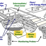 A diagram of a landfill designed for the collection of methane gas.