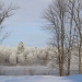 View across the Raquette River in wintertime. Trees are covered with snow and a fog is coming off the surface of the water.